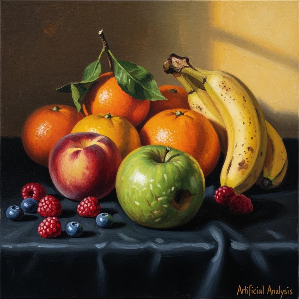 A still life scene painted oil on canvas, comprising various fruits on a black table cloth with striking lighting coming from the right out of frame, creating strong shadows. A bruised green apple is in the foreground, a peach behind it, and behind that a melange of oranges and bananas in various states of ripeness. Berries are strewn in front of the apple. The artist has signed his name "Artificial Analysis" in the bottom right corner in a hurried fashion.