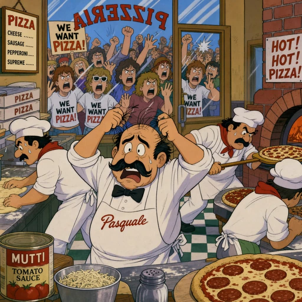 Pasquale is pulling his few remaining hairs out over a disaster at the pizzeria - the cooks are working as fast as they can but the crowds outside are swelling and they demand hot hot pizza! They are banging on the glass and some are wearing "we want pizza" shirts. 1980s western TV animation style.