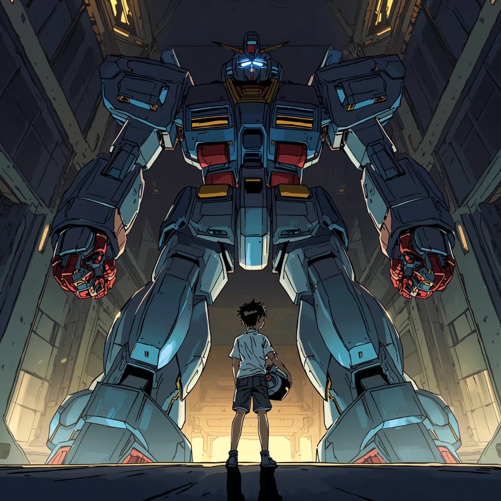 A teenage pilot grips his helmet under one arm, standing at the edge of a glowing hangar bay. Before him looms a sleek, steel-blue mech, its eyes lit with a cold electric glare. His school uniform is rumpled, a sharp contrast to the machine’s flawless plating. The vast scale engulfs him in shadow, emphasizing both awe and dread. Hand-drawn anime style.