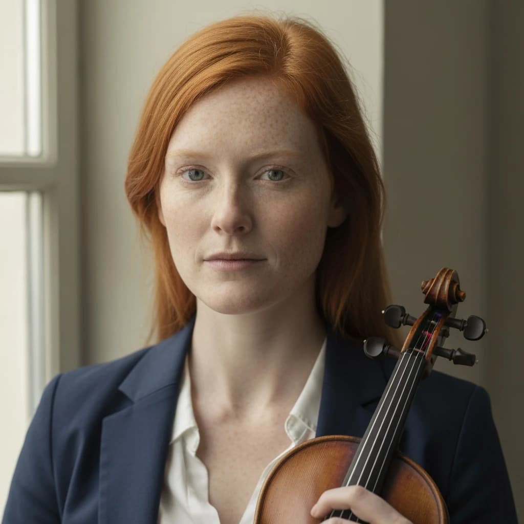 Capture a head-and-shoulders portrait of a freckled red-haired violinist in a navy blazer, soft window light, 85mm at f/1.8, gently smiling yet serious eyes, muted tones.