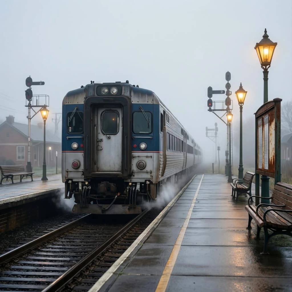 A commuter train enters a foggy little station.