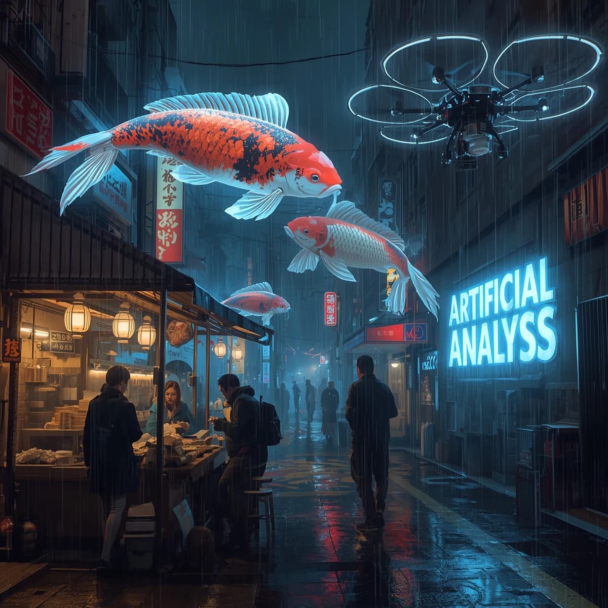 A neon alley in Neo-Tokyo 2142 drips with rain Cybernetic patrons slurp ramen at a stall with their glowing implants humming with blue light. Three giant holographic koi hover 10 metres above the ground and swim across the skyline, one has clipped into a building. A six-prop drone hovers nearby, projecting "Artificial Analysis" onto a wall with blue laser beams visible
