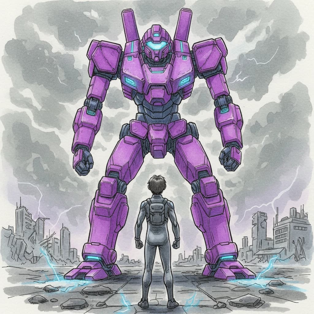 Clad in his body suit up to the neck, young Masa nervously approaches the towering mech with his back facing us. He is nervous for his first time in the field. The mech's bright purple colour scheme contrasts with the grey body suit. The scale of the mech dwarfs Masa. Hand drawn style
