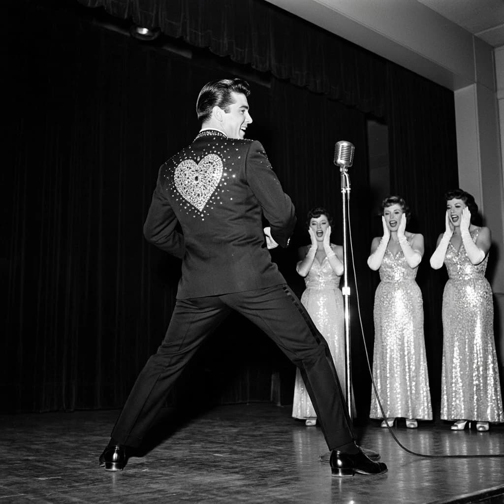 An archival image from 1953 of the rock singer swinging his hips on the stage while glamorous back up singers feign shock at his gyrations! He wears a diamond encrusted jacket with the stones arranged in the shape of a heart