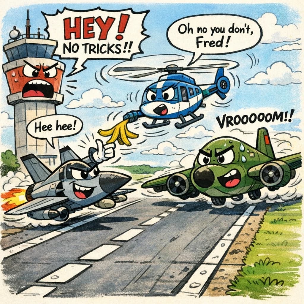 Almost at the runway, Fred the Fighter Jet is racing with Barry the Bomber to see who lands first. Fred has a mischievous trick up his sleeve but Hermione the Helicopter is going to stop him before he gets the chance. The control tower is very angry and has a big exclamation mark. Hand drawn cel look