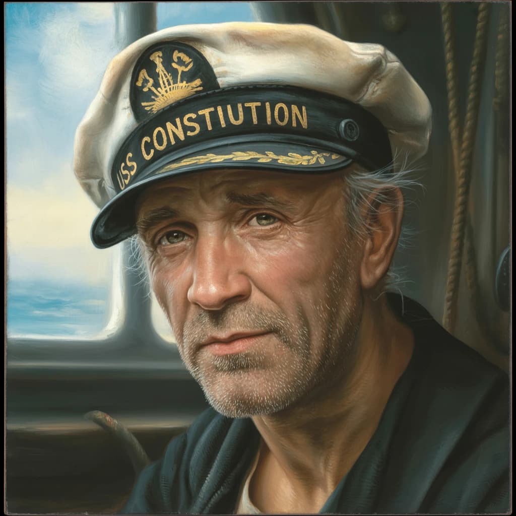 Oil on canvas portrait of an elderly sailor, weathered face, soft light.