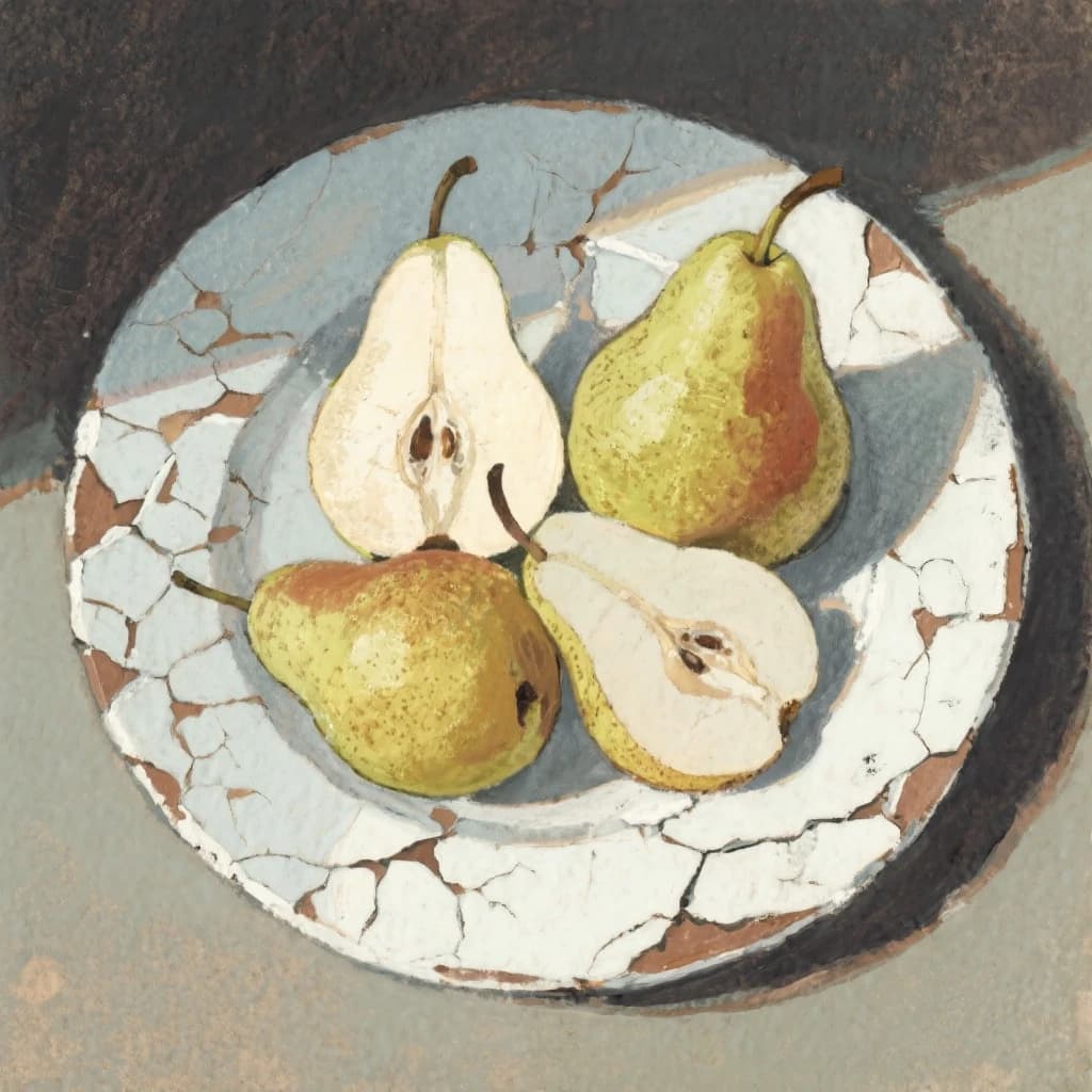 A gouache still life of pears on a chipped plate.