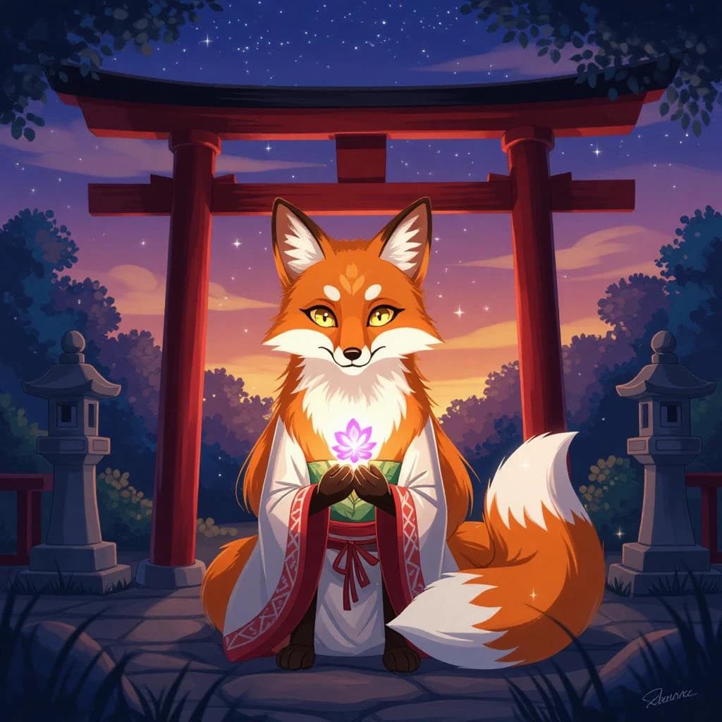 Cel-shaded fox spirit girl, glowing shrine at dusk, soft bloom, sparkly eyes.