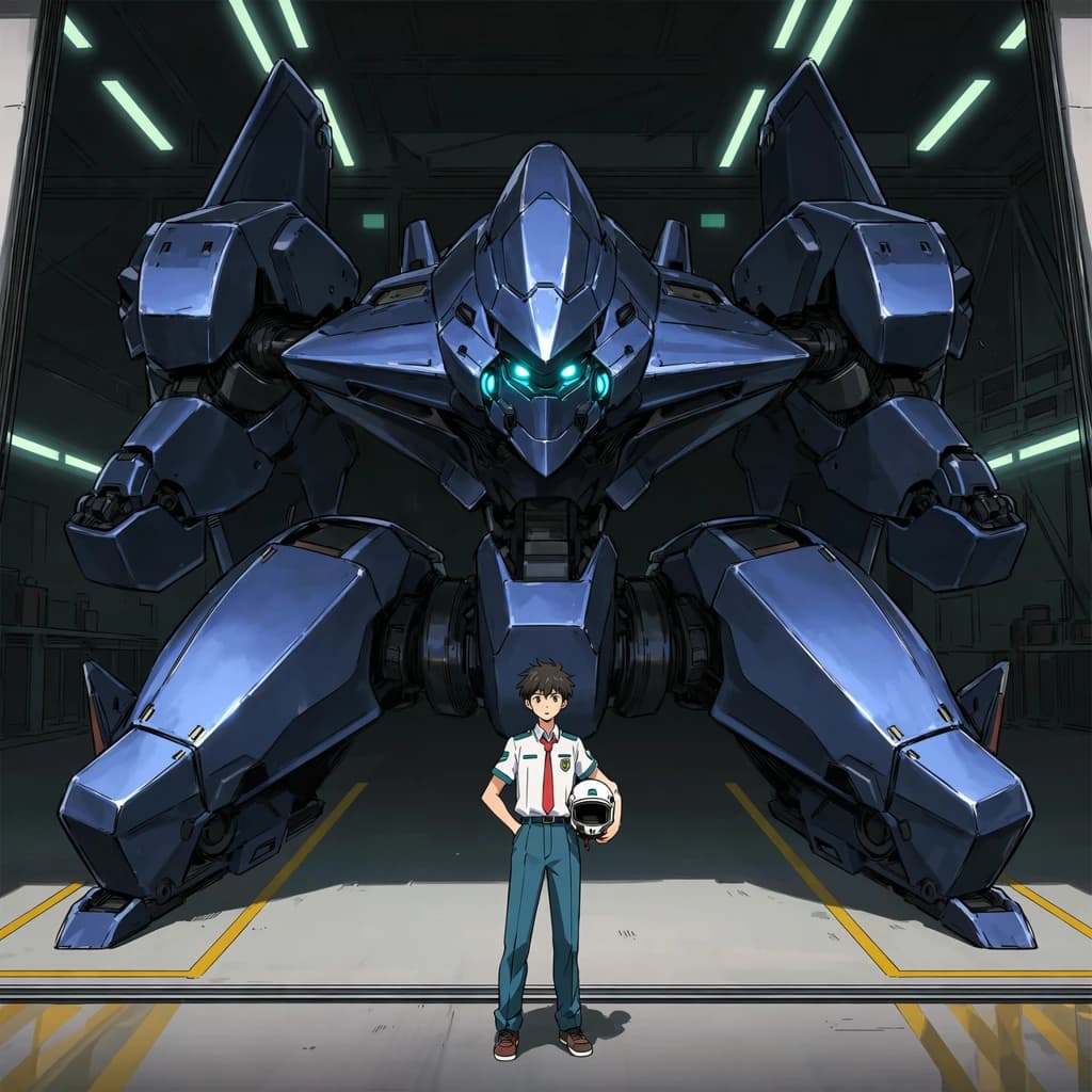 A teenage pilot grips his helmet under one arm, standing at the edge of a glowing hangar bay. Before him looms a sleek, steel-blue mech, its eyes lit with a cold electric glare. His school uniform is rumpled, a sharp contrast to the machine’s flawless plating. The vast scale engulfs him in shadow, emphasizing both awe and dread. Hand-drawn anime style.