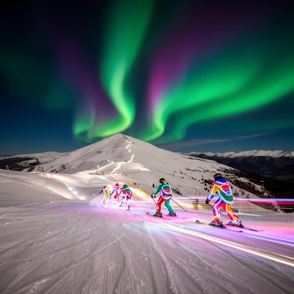 Coronet Peak Night Skiing: Skiers in colorful LED suits carve their way down the slopes of New Zealand's Coronet Peak under the Aurora Borealis, the skiers' light trails visible behind them