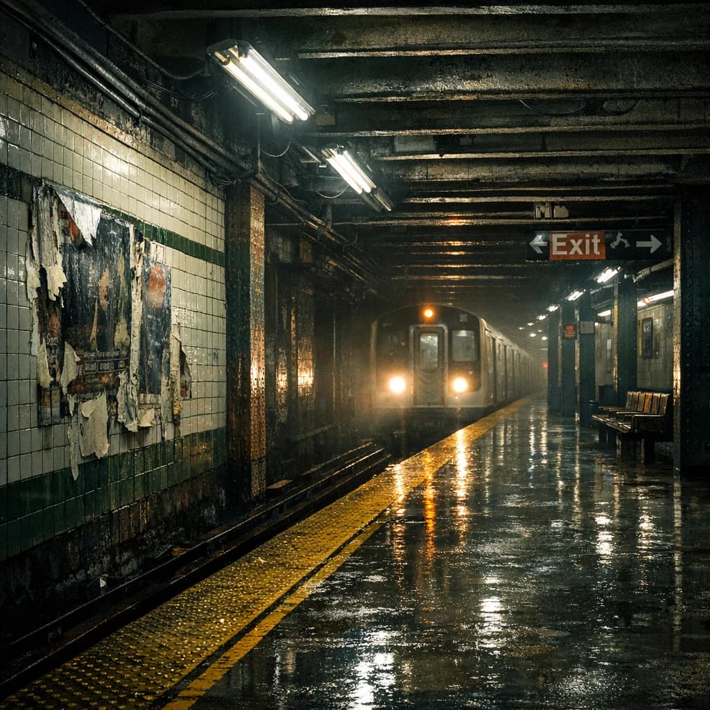A subterranean subway platform with glossy tiles, peeling posters, flickering fluorescent lights, yellow safety line, and a distant train coming; slightly damp, echoes carry.