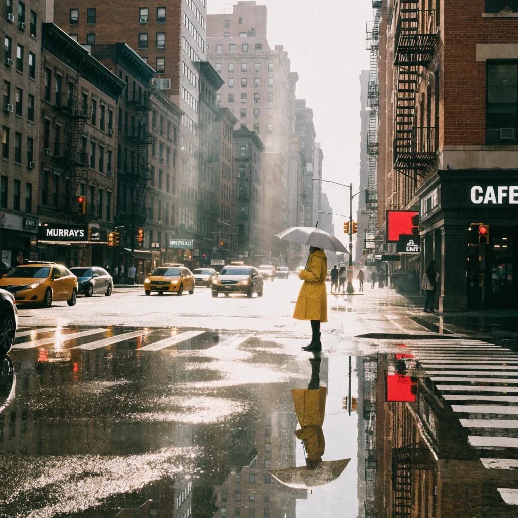 A sunlit city street after rain; puddles mirror neon signs as a woman in a yellow raincoat waits at a crosswalk, soft mist, 50mm look, natural tones, a bit of film grain.