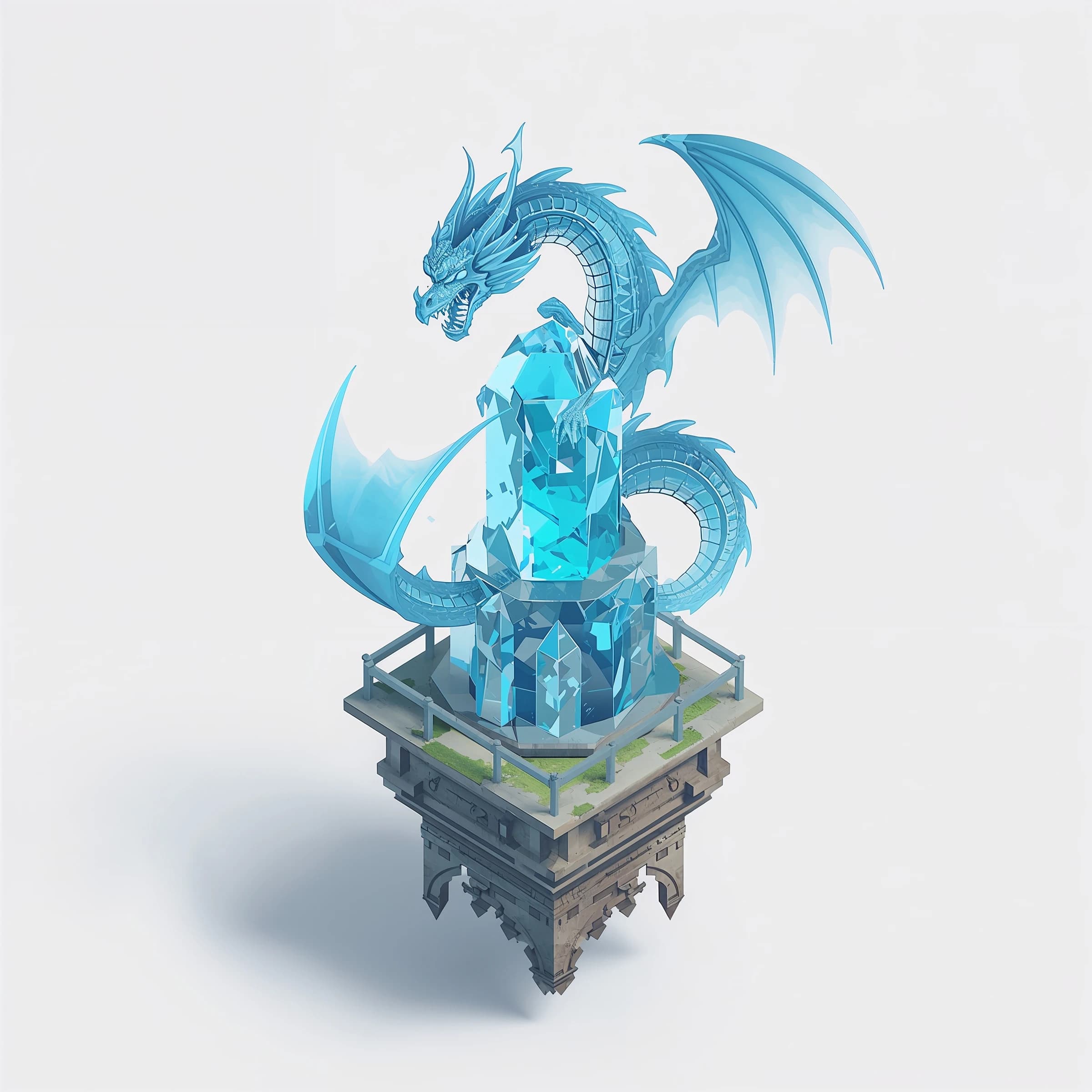 Render an isometric 3D crystal dragon circling a floating tower.