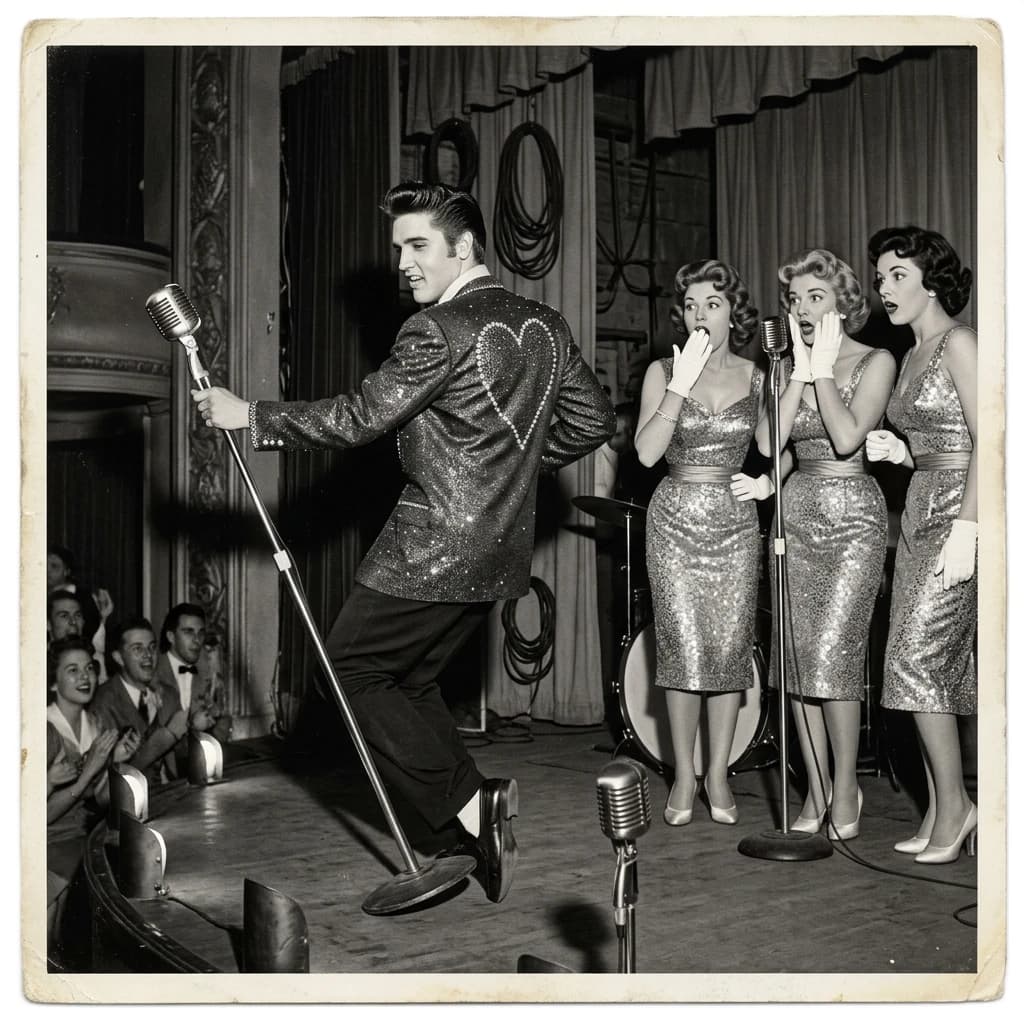 An archival image from 1953 of the rock singer swinging his hips on the stage while glamorous back up singers feign shock at his gyrations! He wears a diamond encrusted jacket with the stones arranged in the shape of a heart