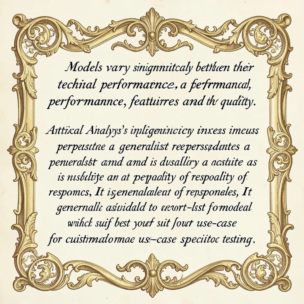 On a flat layout, write in an ornate baroque style "Models vary significantly between their technical performance, features and their quality. Artificial Analysis's intelligence index represents a generalist perspective and is useful as an indicator of the quality of responses. It is generally advisable to develop a short-list of models which best suit your use-case for customized use-case specific testing. "