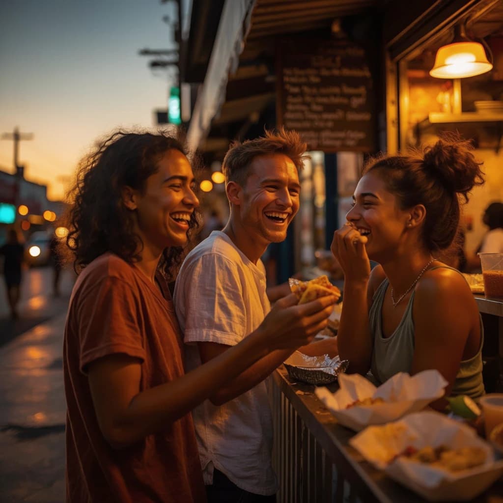 Friends laugh over street tacos at dusk, candid, shallow depth.