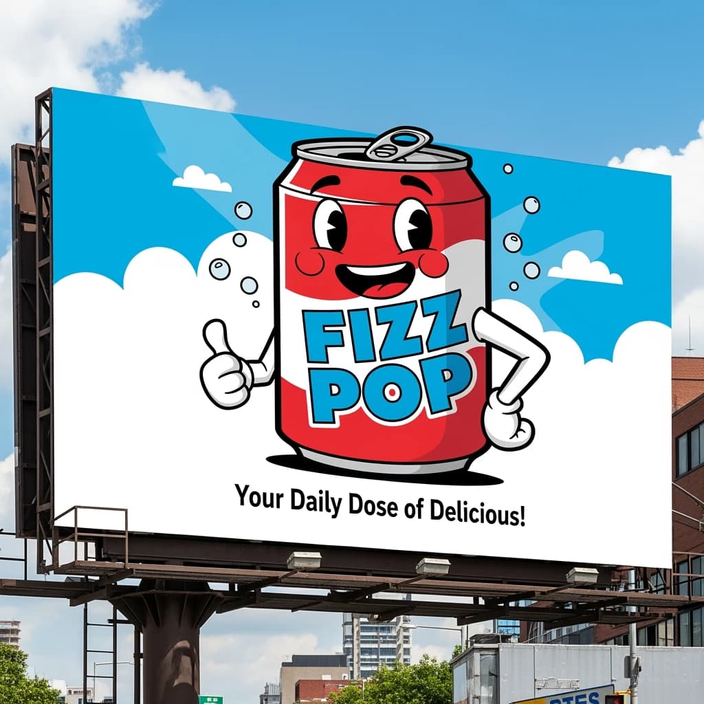 Design a bright soda billboard ad with a bubbly can mascot, thick inky lines.