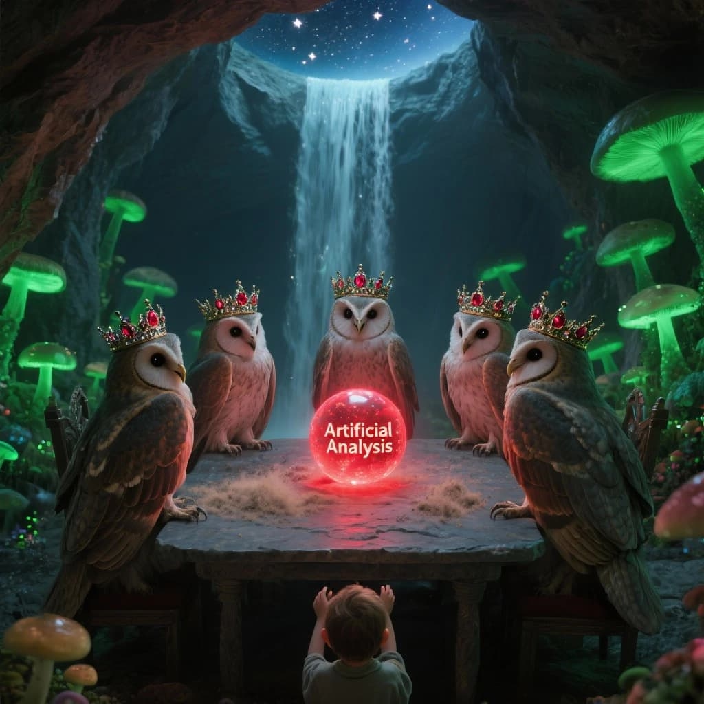 In a cavern lined with bioluminescent fungi glowing lime green, the council of owls wear jeweled crowns that glimmer with rubies, their wings folded behind their backs. Dust coats the stone table, a glowing orb inscribed with “Artificial Analysis” hovers above the table illuminating the owls with its red pulsating light. Behind them, a waterfall falls upward into a ceiling that opens onto stars - a child looks down in wonder from above at what he has stumbled across.