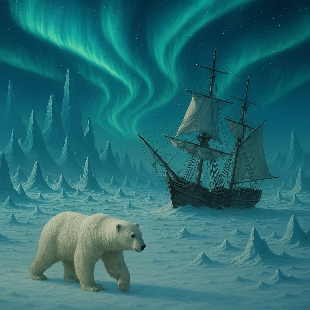 An endless tundra stretches outward, littered with jagged icebergs shaped like cathedral spires. A polar bear trudges across the foreground but leaves no tracks. Auroras ripple overhead. A half-buried shipwreck juts from the snow — sails billowing despite the still air.