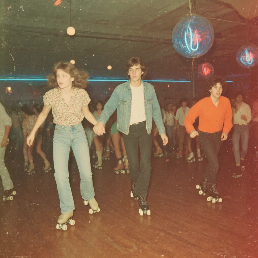 A 1970s roller rink crowd skates under neon, with a bit of fade and film grain.