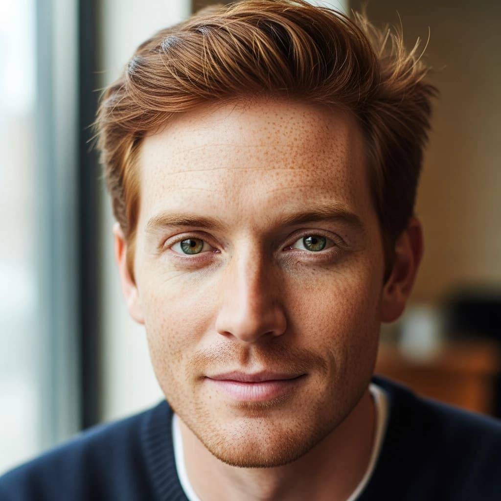 Shoot a natural light headshot of a red-haired man with freckles, green eyes.