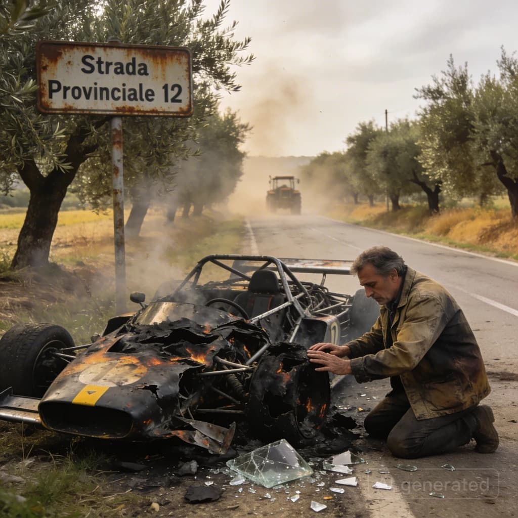 Mario examines the still smouldering wreck of the crash that took his best driver on the side of the country road. He designed this car and caused this. 3 days have passed since the crash. It's 1973 in Northern Italy.