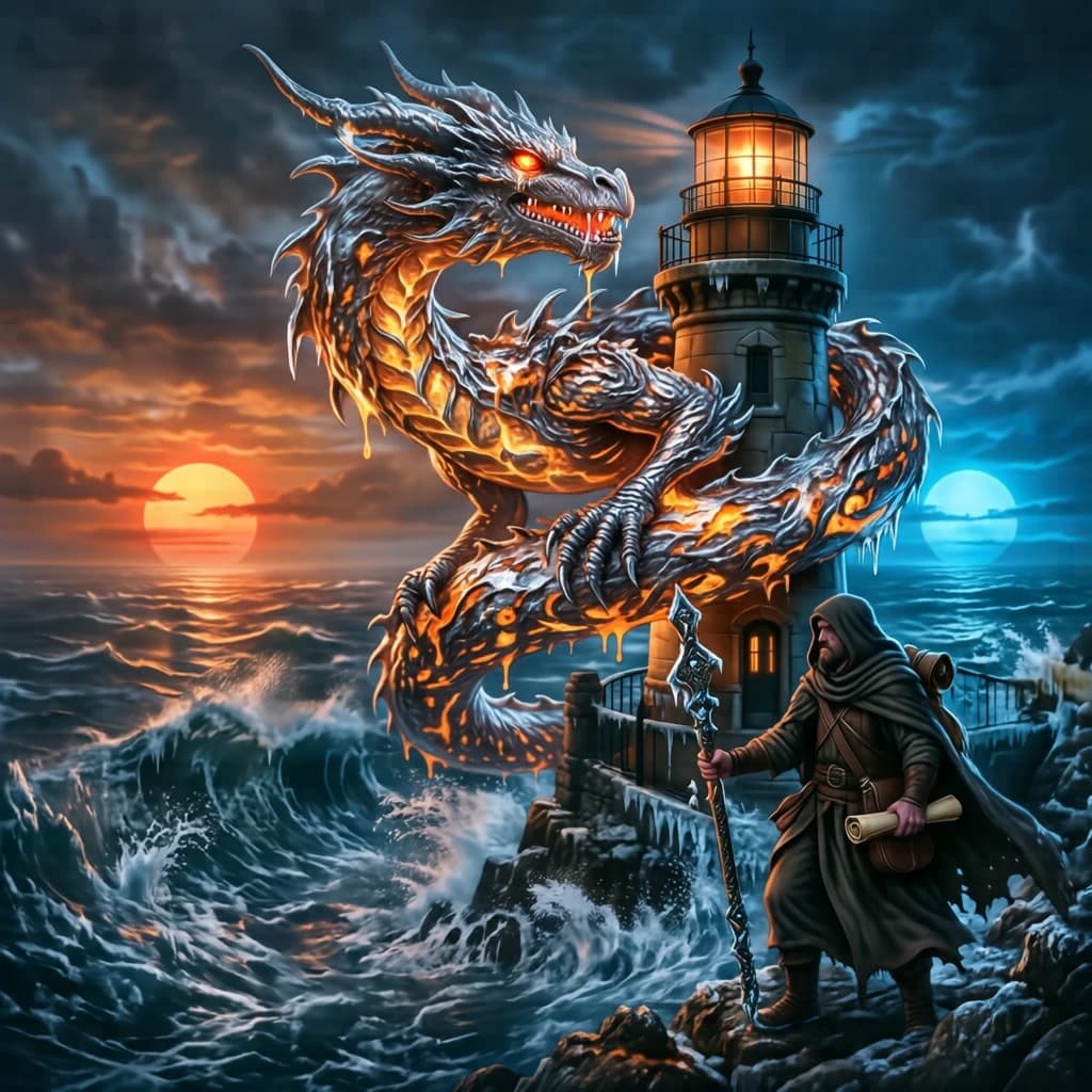 A dragon of molten silver coils around a lighthouse. The storming sea below crashes upward in frozen stillness, as though caught mid-motion. The dragon’s molten eyes drip tears of ice. On the horizon, two suns set next to each other, casting orange light on one side of the tower and blue on the other. A cloaked traveler carries an ancient weapon in his left hand and a scroll in his right.