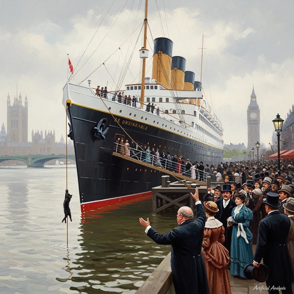 An impressionistic painting of the mighty steamer the "SS Unsinkable We Really Mean It This Time" on a cloudy but bright London morning about to set out on her maiden voyage. A jubilant crowd is gathered on the dock around the paunchy mayor who is making a speech, gesticulating wildly with his hands. The gangways are busy with well heeled ladies and gentlemen making their way onto the ship. A cheeky cat hangs over the water, clinging to the mooring rope after an ill-fated attempt to climb up. The artist has signed his name "Artificial Analysis" in the bottom corner
