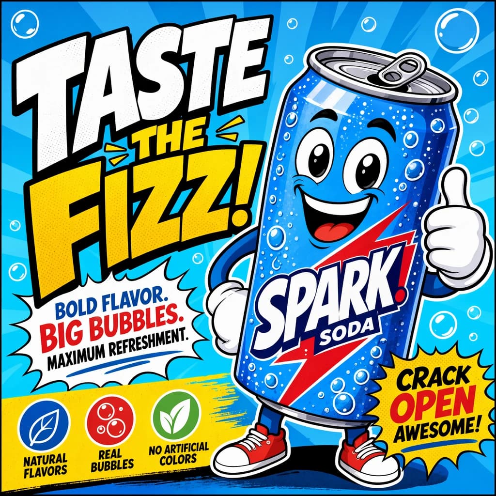 Design a bright soda billboard ad with a bubbly can mascot, thick inky lines.