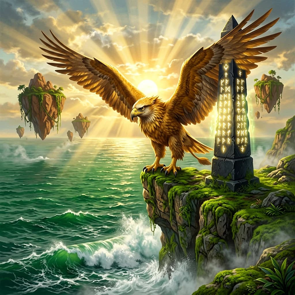 At dawn, a winged griffin lands on a mossy cliff above a jade sea beside a runed obelisk; floating isles drift under golden sunbeams, with a bit of sea spray and glowing runes.