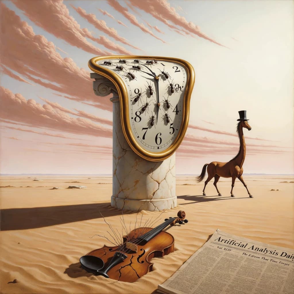 A vast desert plain stretches endlessly under a sky streaked with pale pink and ochre clouds. In the center stands a colossal clock, its face drooping and melting over the edge of a broken marble column. Ants swarm across its warped surface, glinting in the harsh sunlight. To the right, a horse with a giraffe like neck wearing a top hat strides toward the horizon, its shadow stretching miles across the sand. A cracked violin lies half-buried in the foreground, strings snapping outward like veins. Painted in the dreamlike surrealist style. A newspaper named the "Artificial Analysis Daily" lies on the Floor.
