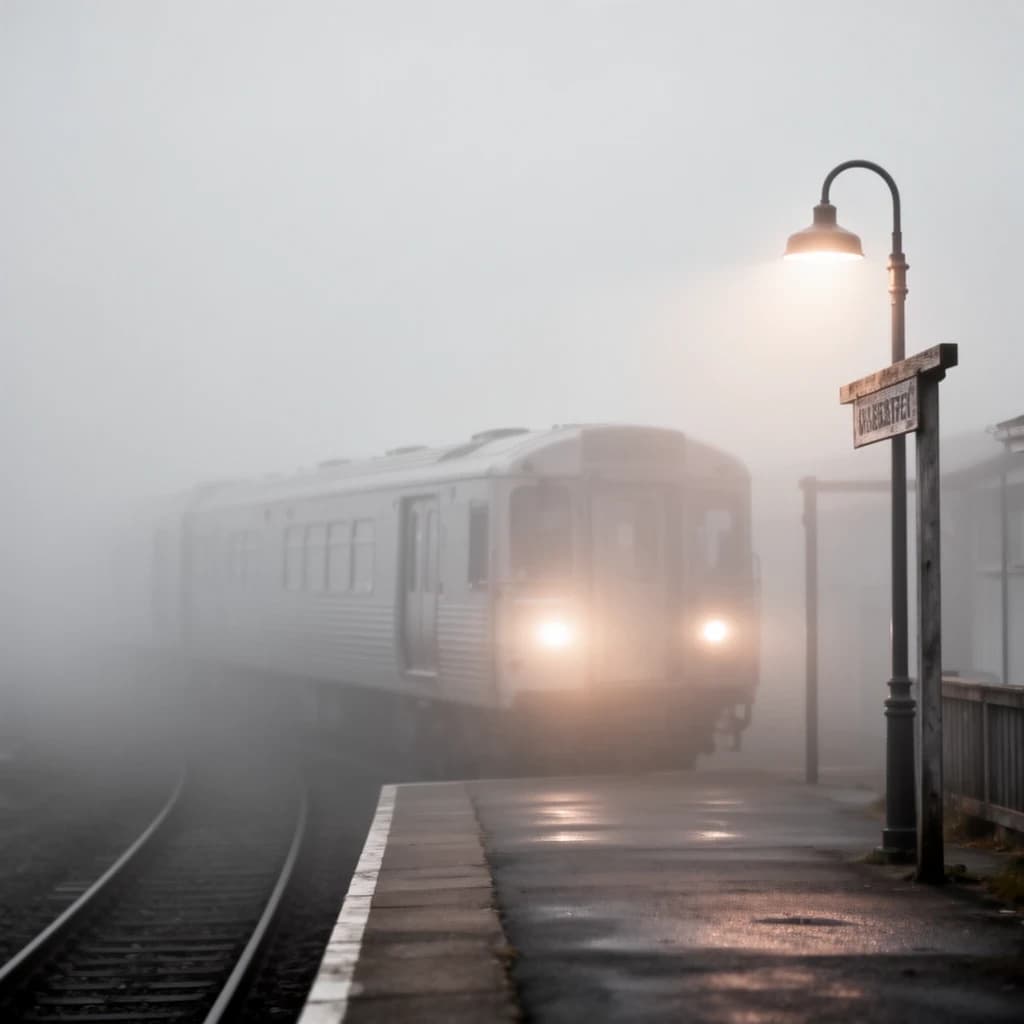 A commuter train enters a foggy little station.
