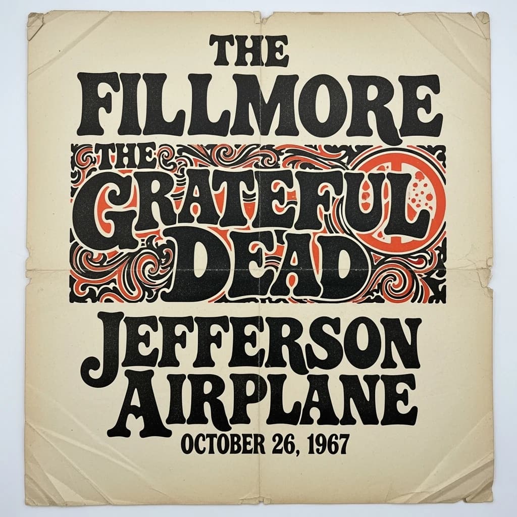 Make a 1960s concert poster featuring bold wood type, misaligned ink, creases.