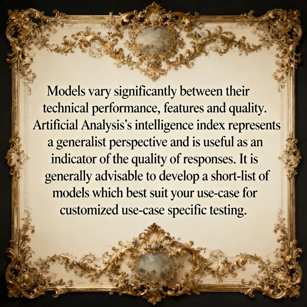 On a flat layout, write in an ornate baroque style "Models vary significantly between their technical performance, features and their quality. Artificial Analysis's intelligence index represents a generalist perspective and is useful as an indicator of the quality of responses. It is generally advisable to develop a short-list of models which best suit your use-case for customized use-case specific testing. "
