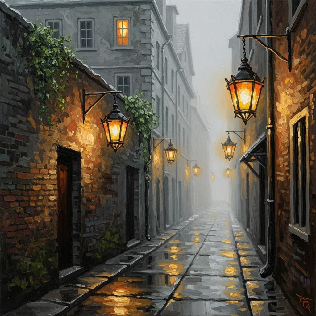 Please create an oil painting of a narrow alley, a bit foggy, glowing lanterns.