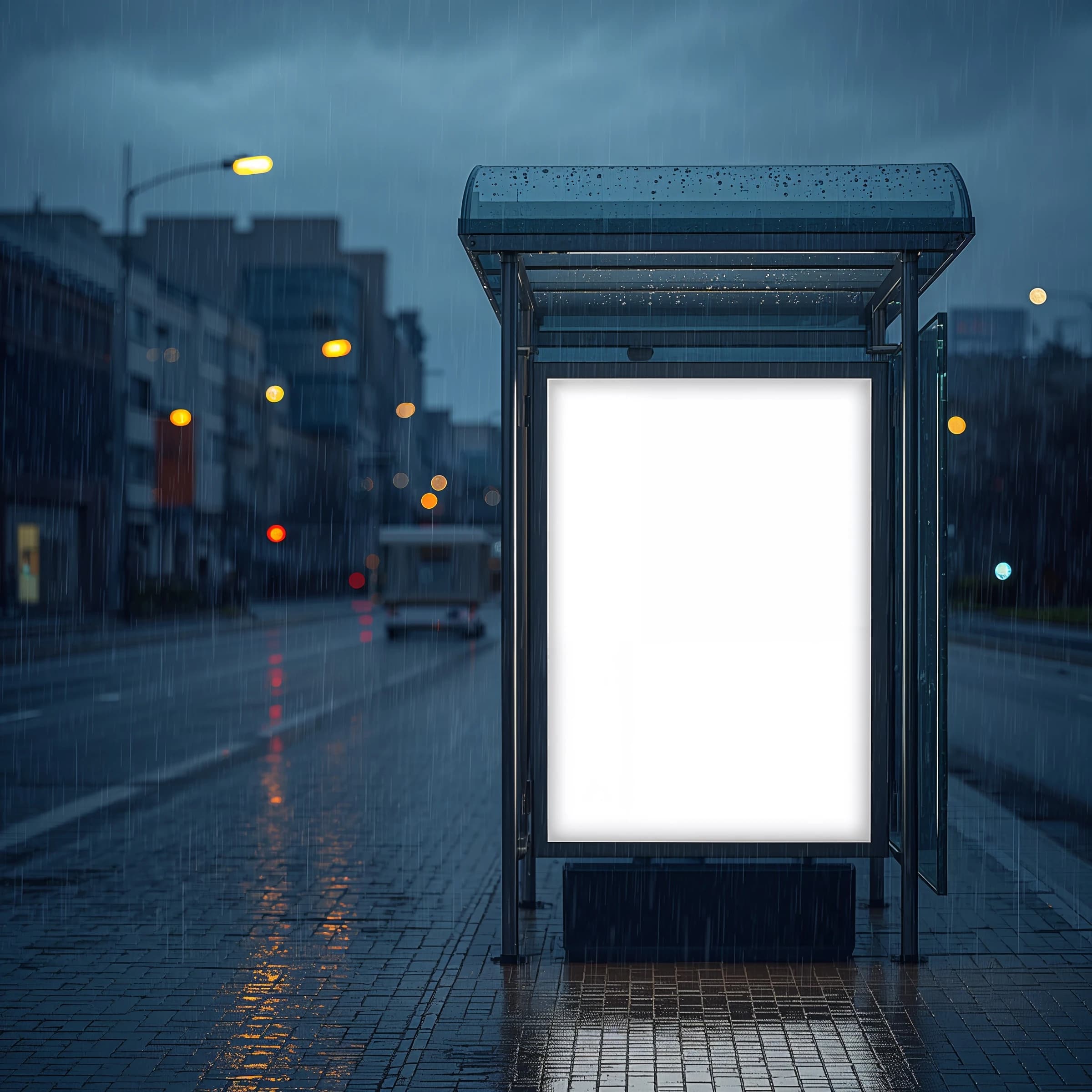 Show a billboard mockup at dusk: glass bus stop shelter, glowing lightbox, blank ad panel, city blur, raindrops, space for copy, looks premium but a bit gritty.
