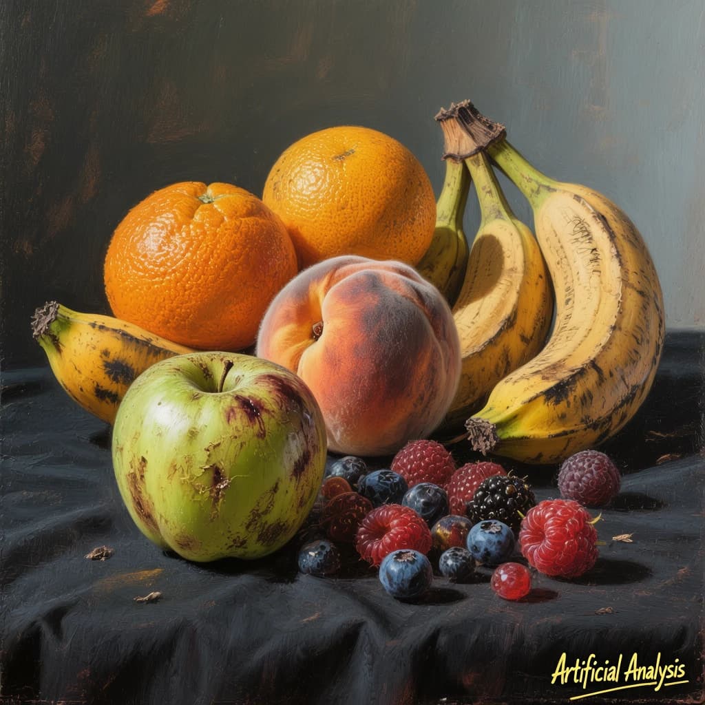 A still life scene painted oil on canvas, comprising various fruits on a black table cloth with striking lighting coming from the right out of frame, creating strong shadows. A bruised green apple is in the foreground, a peach behind it, and behind that a melange of oranges and bananas in various states of ripeness. Berries are strewn in front of the apple. The artist has signed his name "Artificial Analysis" in the bottom right corner in a hurried fashion.