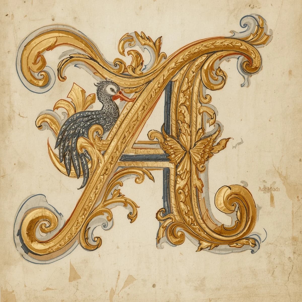Illuminated letter A on vellum, gold leaf, a bit uneven flourishes.