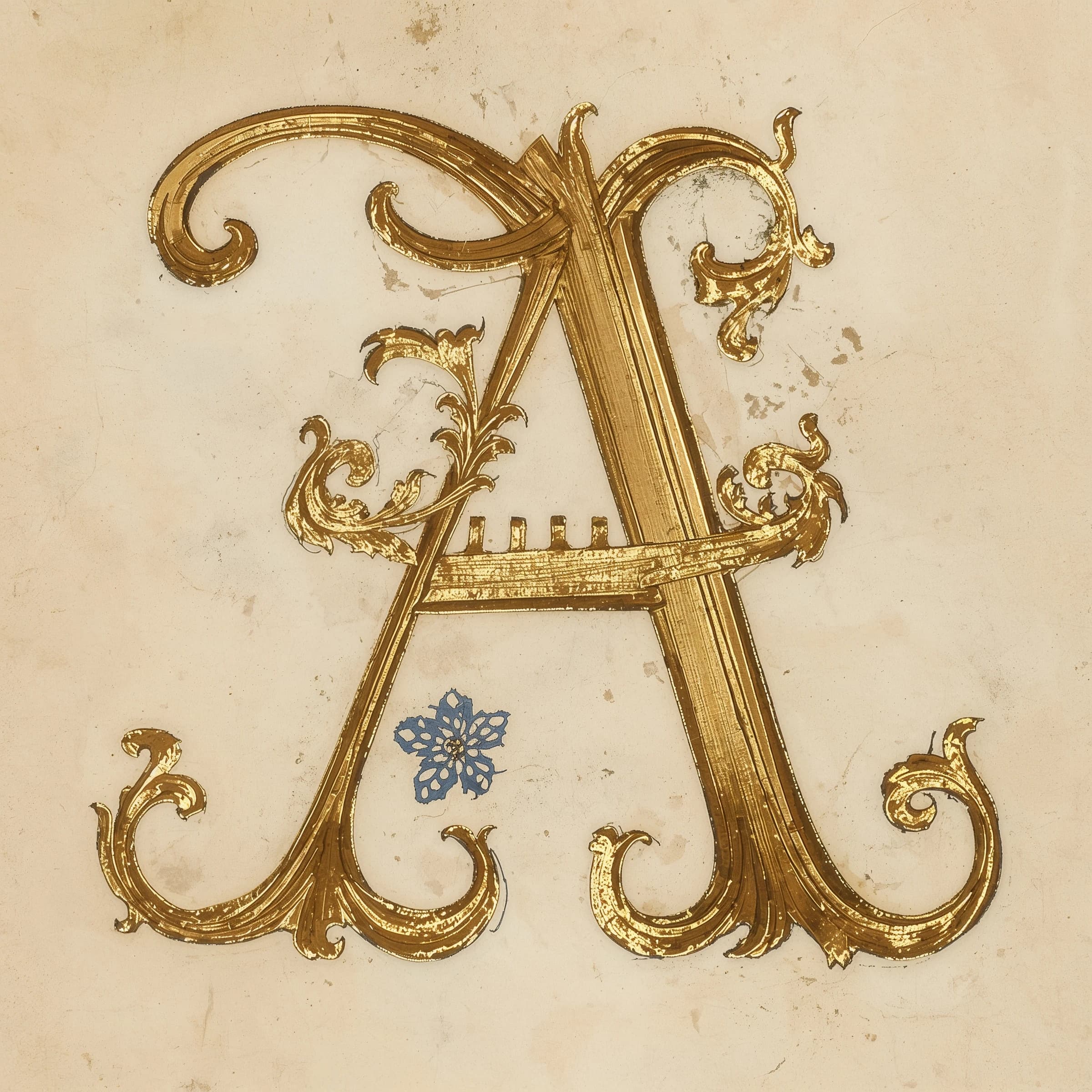 Illuminated letter A on vellum, gold leaf, a bit uneven flourishes.
