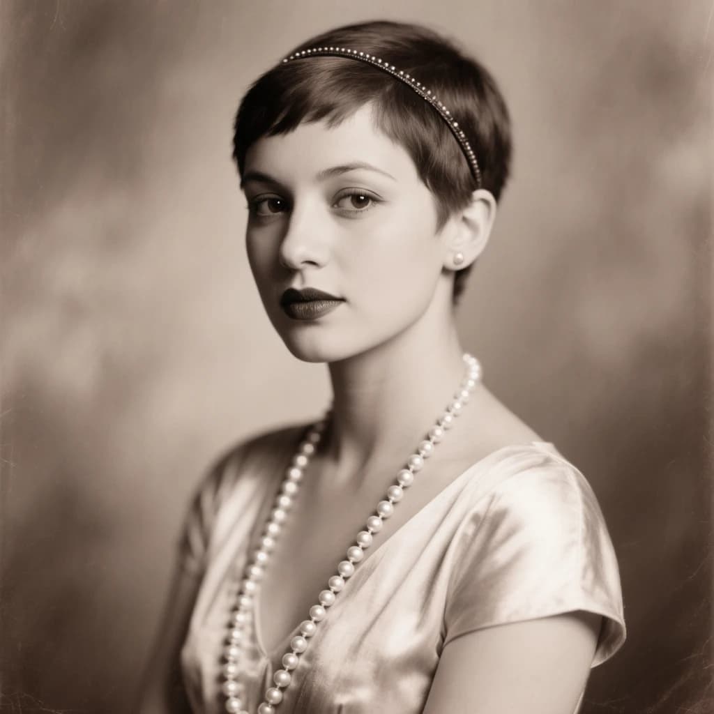 Sepia-toned studio portrait of a flapper with pearl necklace, soft grain.
