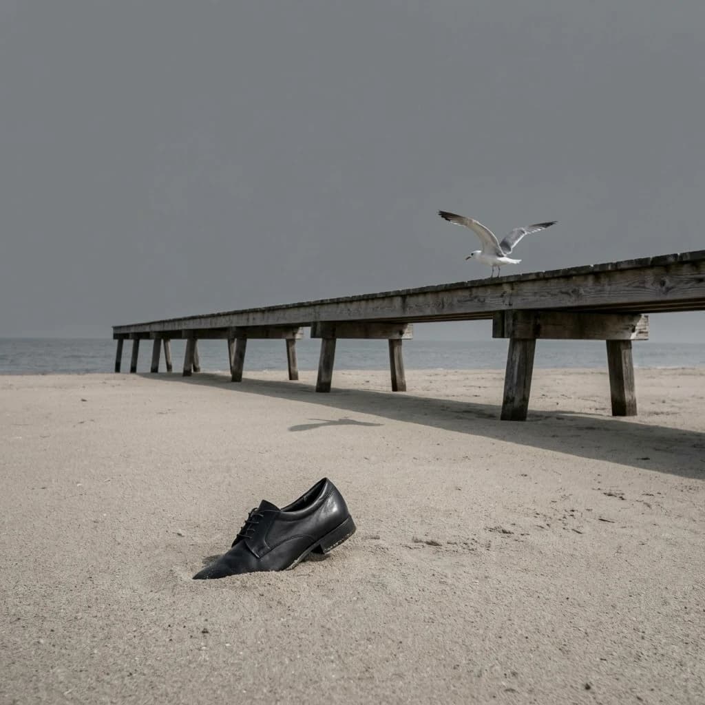 The beach is flat, sand beige, granular, no shells, except for a single left shoe, black leather, size eleven, half buried at an angle. The pier extends straight into the water, wood untreated, grain visible, though the support posts vanish before they touch the surface. The sky is uniformly gray, no clouds, yet shadows stretch at sharp diagonals. A single gull sits on the railing, wings outstretched, frozen mid-flap, no movement.