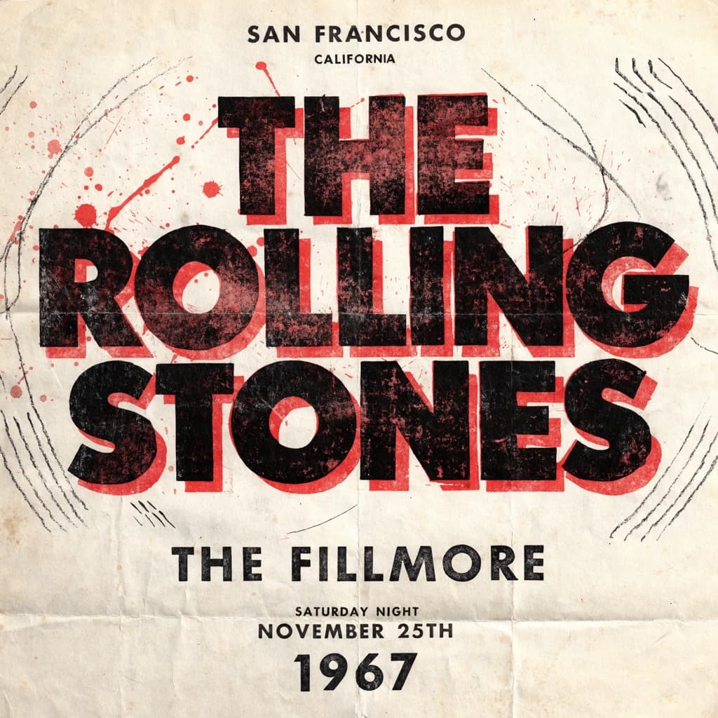 Make a 1960s concert poster featuring bold wood type, misaligned ink, creases.