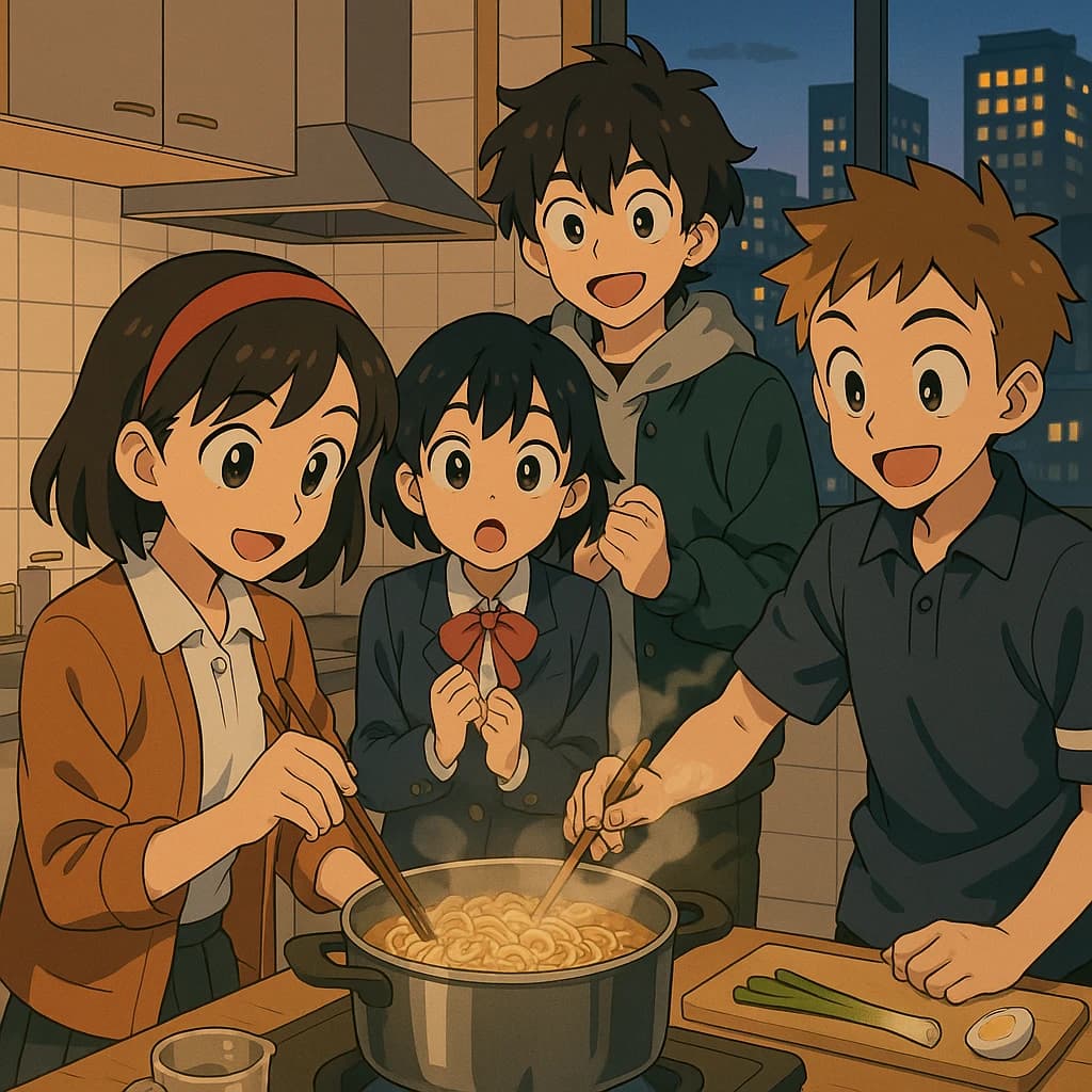 Club friends cooking ramen, steam rising, cel-shaded, city kitchen, big eyes.
