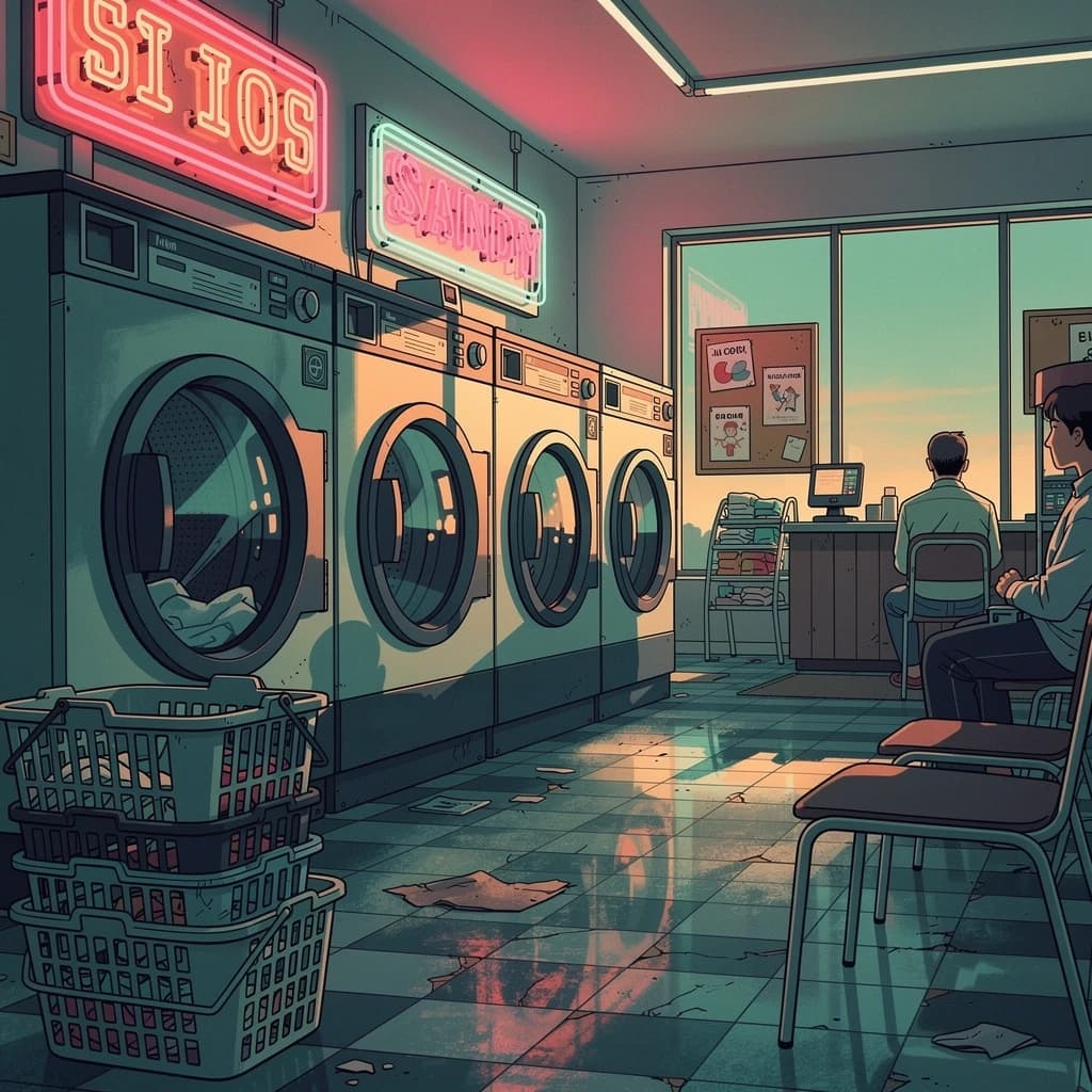 A cozy laundromat at dusk, neon humming, flat colors, bold inked lines.