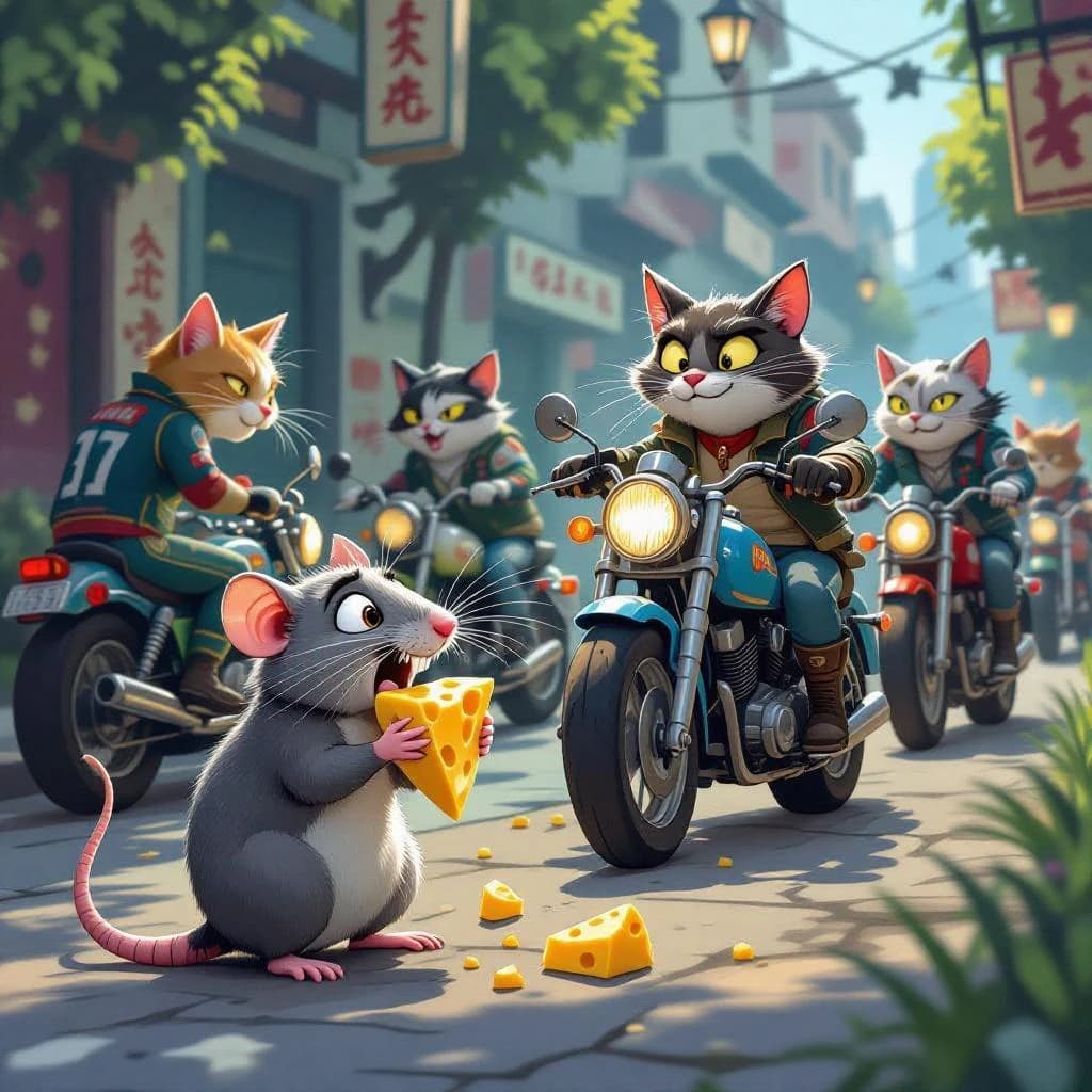 The cartoon rat clenches his thin wedge of cheese and trembles in fear as he hides from the menacing Jellicles, the roaming cat motorcycle gang, all wearing their colors with the name on the back. The cats have all drunk far too much milk and are causing a big ruckus! One cat is close to finding the rat