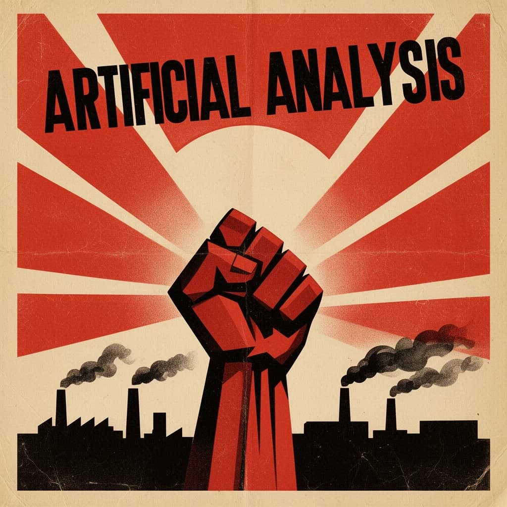A propaganda poster in stark red, black, and beige. A clenched fist rises in the foreground, rendered with sharp geometric blocks. Behind it, radiating lines stretch upward toward a stylized sun. At the top, bold sans-serif lettering in Cyrillic-inspired type spells out Artificial Analysis, tilted at an angle for emphasis. A factory skyline silhouettes the bottom edge, smoke stacks rising into the background. The texture is rough, printed on aged paper with visible creases and ink bleed. Designed in the constructivist Soviet poster style.