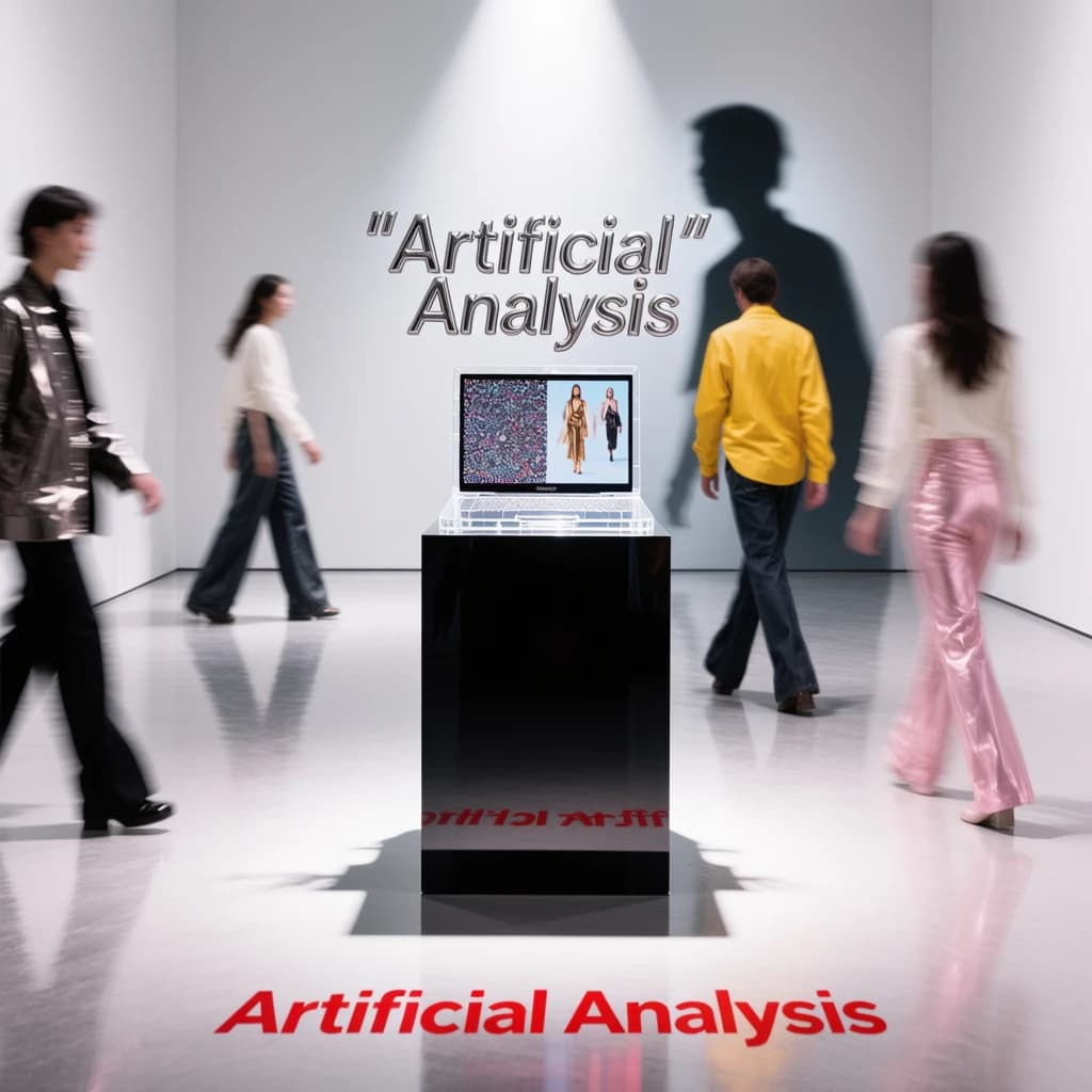 In a spotless gallery space, a pedestal supports a transparent laptop whose screen flickers between static and pristine brand imagery. Shoppers blur past in designer clothes that appear slightly outdated - bell bottoms, metallic jackets. The embossed logo “Artificial Analysis” glints silver, yet its reflection in the glass floor reads in crimson letters. A single spotlight shines, though shadows fall in two directions.