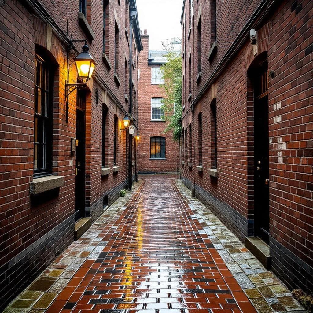 Show a narrow brick alley with wet cobblestones.