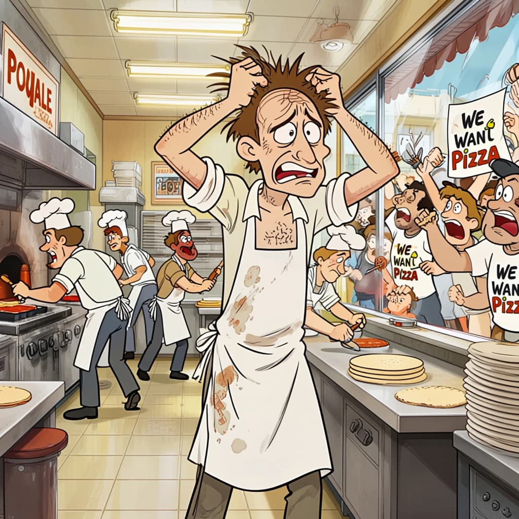 Pasquale is pulling his few remaining hairs out over a disaster at the pizzeria - the cooks are working as fast as they can but the crowds outside are swelling and they demand hot hot pizza! They are banging on the glass and some are wearing "we want pizza" shirts. 1980s western TV animation style.