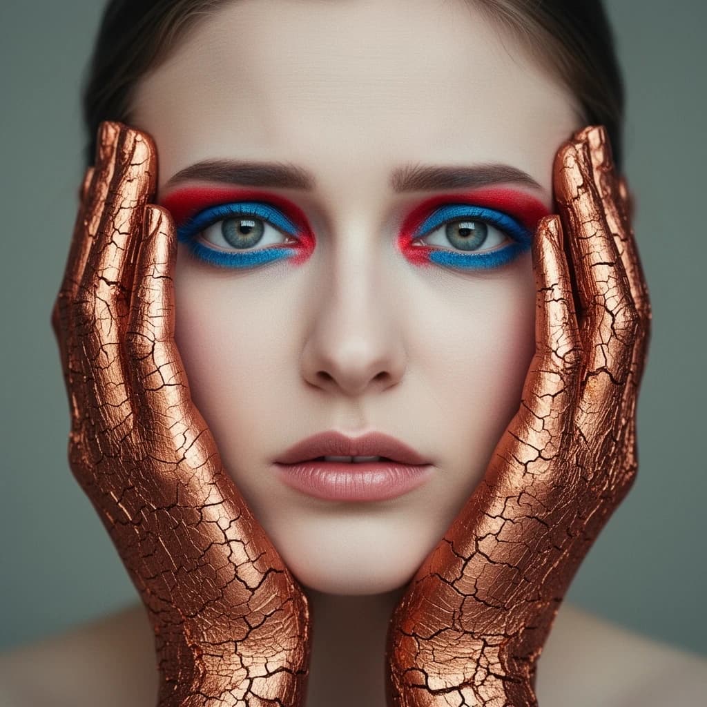 A striking close-up portrait of a woman with cracked metallic copper-painted hands framing her face. Her vivid blue and red eye makeup contrasts sharply with the smooth, pale skin and muted background, creating a bold, surreal composition. She displays an air of uncertainty about her